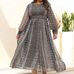Juniper Plus Size Black Ethnic Printed Fit and Flare Maxi Ethnic Dress-16