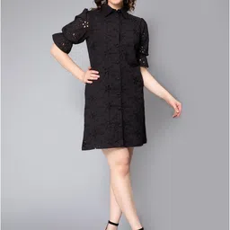 NUEVOSDAMAS Puff Sleeves Schiffli Cotton Shirt Dress-picture-13