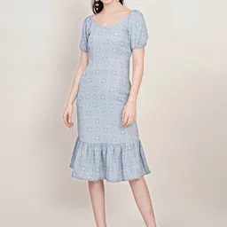 U&F Puff Sleeve Crepe Drop-Waist Midi Dress-image-39