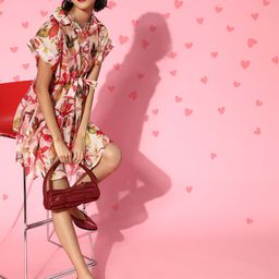 Athena Women Attractive Red Floral Belted Dress-image-98