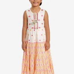 LIL DRAMA Girls White & Multicoloured Embroidered Tie-Up Neck Net Maxi Dress-17