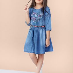 Naughty Ninos Girls Blue Printed Denim Fit and Flare Dress-image-46