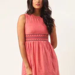 ROOTED Women Pink Embroidered Fit and Flare Dress-image-94