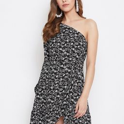 Berrylush Black & White Floral Print Fit and Flare Dress-image-70