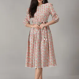 KASYA Printed Cotton Fit & Flare Midi Ethnic Dress-image-44