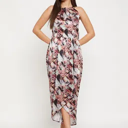 Color Cocktail Floral Printed Halter Neck Satin Maxi Dress-image-29