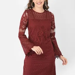 Eavan Maroon Self Design Lace Sheath Dress-image-16