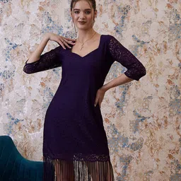 Athena Purple Self Design Fringed Sheath Dress-picture-17