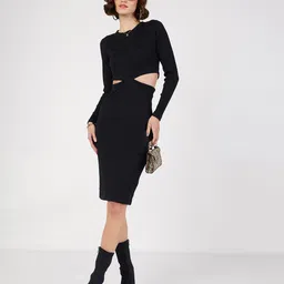 SASSAFRAS Black Ribbed Cut-Out Sheath Dress-image-85
