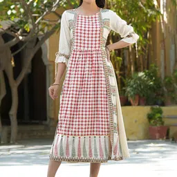 Juniper Women Cream-Coloured & Maroon Checked Maxi Dress-image-63