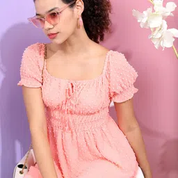Tokyo Talkies Women Peach Self-Design  Smocked Mini Dress-image-69