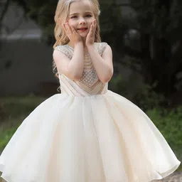 StyleCast Girls Beige Embellished Pleated Detailed Fit & Flare Dress-image-32