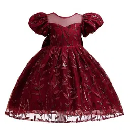 StyleCast Maroon Embellished Puff Sleeve Fit & Flare Dress-image-75