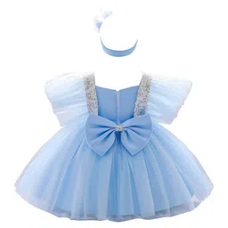 StyleCast Girls Blue Square Neck Flared Sleeves Bow Layered Balloon Dress-picture-3