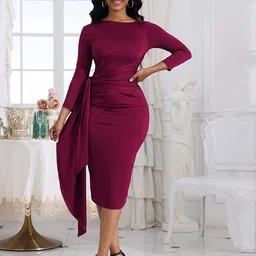StyleCast Maroon Round Neck Bodycon Dress-image-37