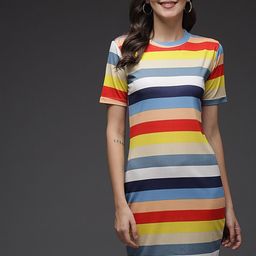 TANDUL Striped Short Sleeves Jacquard Straight T-Shirt Dress-image-69