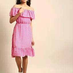 DODO & MOA Pink & White Checked Off-Shoulder Crepe Dress-picture-18