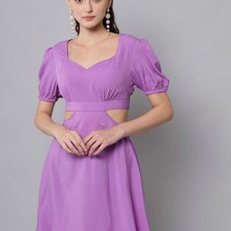 emeros Puff Sleeves Fit and Flare V-Neck Crepe Dress-picture-36