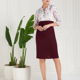 Athena Immutable Burgundy Floral Printed Lapel Collar Sheath Dress-image-42