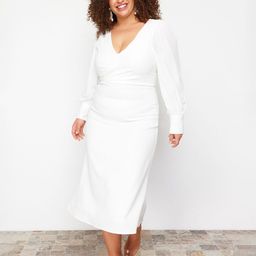 Trendyol Plus Size V-Neck Cuffed Sleeves Midi Wrap Dress-19