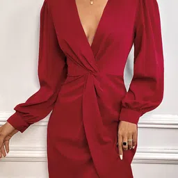 StyleCast Red Gathered Detailed V-Neck Cuffed Sleeves A-Line Dress-image-96