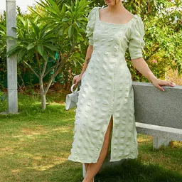 PINACOLADA Self Design Square Neck Puff Sleeves Midi A-Line Dress-picture-24