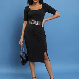 KETCH Black Square Neck Sheath Midi Dress-image-12