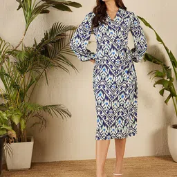 RARE Shirt Collar Tropical Print Puff Sleeve Sheath Midi Dress-picture-7