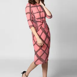 StyleStone Pink Checked Crepe Sheath Midi Dress-image-95