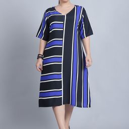 Baawri Striped V-Neck A-Line Midi Dress-image-89