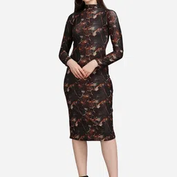 PURVAJA Coffee Brown Bodycon Midi Dress-image-0