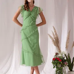 STREET 9 Flutter Sleeve Net Sheath Midi Dress image 1