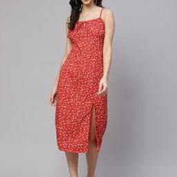 VARUSHKA Red & White Floral Crepe Sheath Midi Dress-image-11