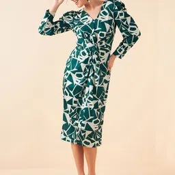 Antheaa Green Geometric Printed V-Neck Sheath Midi Dress-image-10
