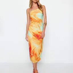 Trendyol Abstract Printed One Shoulder Sheath Midi Dress-image-9