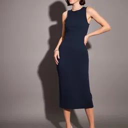 SASSAFRAS Navy Blue Ribbed Sheath Midi Dress-image-36