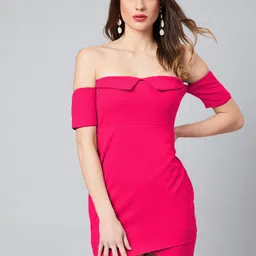 Athena Fuchsia Pink Off-Shoulder Sheath Mini Dress-image-2