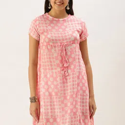 HRITIKA Geometric Printed Tie-Up Detailed Cotton A-Line Dress-image-4