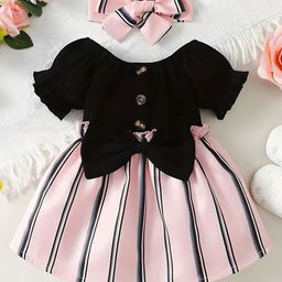 BAESD Girls Striped Puff Sleeves Bow Detail Fit & Flare Dress-image-80