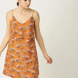 MANGO Women Mustard Yellow & White Floral Print Layered A-Line Dress-image-0