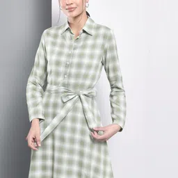 Trend Arrest Checked Shirt Collar A-Line Dress-image-40