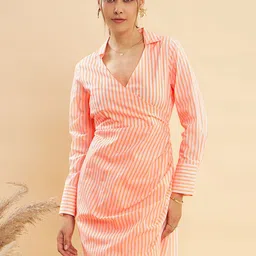KASSUALLY Orange-Coloured & White Striped Shirt Collar Pure Cotton Wrap Dress-image-7