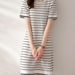 StyleCast White Striped Round Neck A-Line Dress-image-51