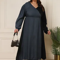 DEEBACO Plus Size V-Neck Puff Sleeve Maxi Dress-43