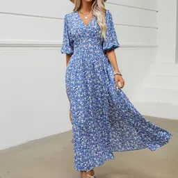 StyleCast Blue & White Floral Print Puff Sleeve Cotton Maxi Dress-image-22