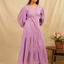 SANASH Collections Embroidered Puffed Sleeves Tiered Cotton Fit and Flare Maxi Dress-image-47
