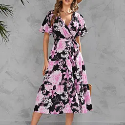 StyleCast x Revolte V Neck Short Flared Sleeves Floral Print Wrap Midi Dress-picture-18