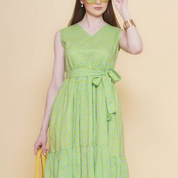 Modish Couture V-neck Ethnic Print Sleeveless Dress with Belt-image-18