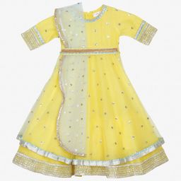 SAKA DESIGNS Girls Yellow Embellished Net Dress Attached Dupatta & Belt-image-97