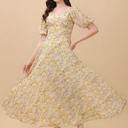 Vidraa Western Store Yellow Floral Georgette Maxi Dress-image-78